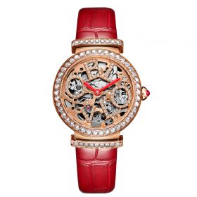 OBLVLO Design Women Fashion Skeleton Automatic Watches Luxury Female Wrist Watch Leather Strap-Red BM-PWR